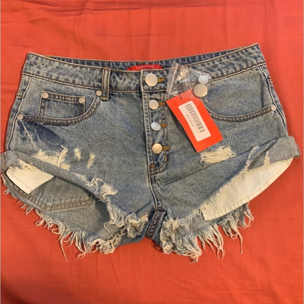 Blue Distressed Jean Shorts with Frayed Hem